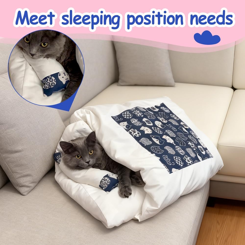 Cat Sleeping Bag, Washable Cozy & Soft Warming Cat Bed 360°Wrap Pet Snuggle Sack Pouch with Pillow for Indoor Cats Dogs
