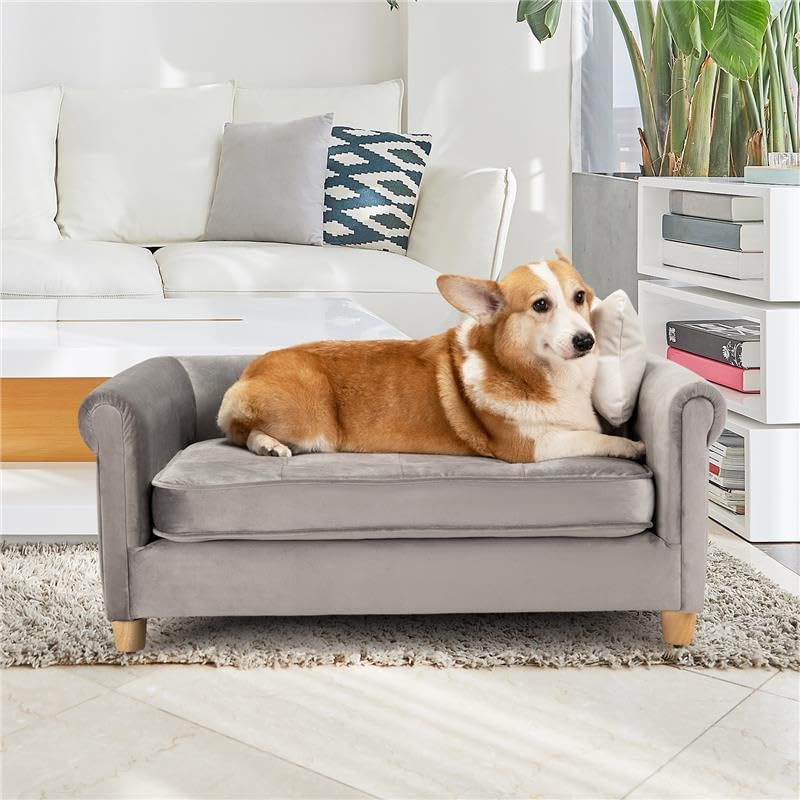 dCee Dog Sofa Bed for Medium Dogs of 70 Lbs, 33 in. Soft Velvety Dog Couch for Comfort Sleep and Joint Support, Dark Grey