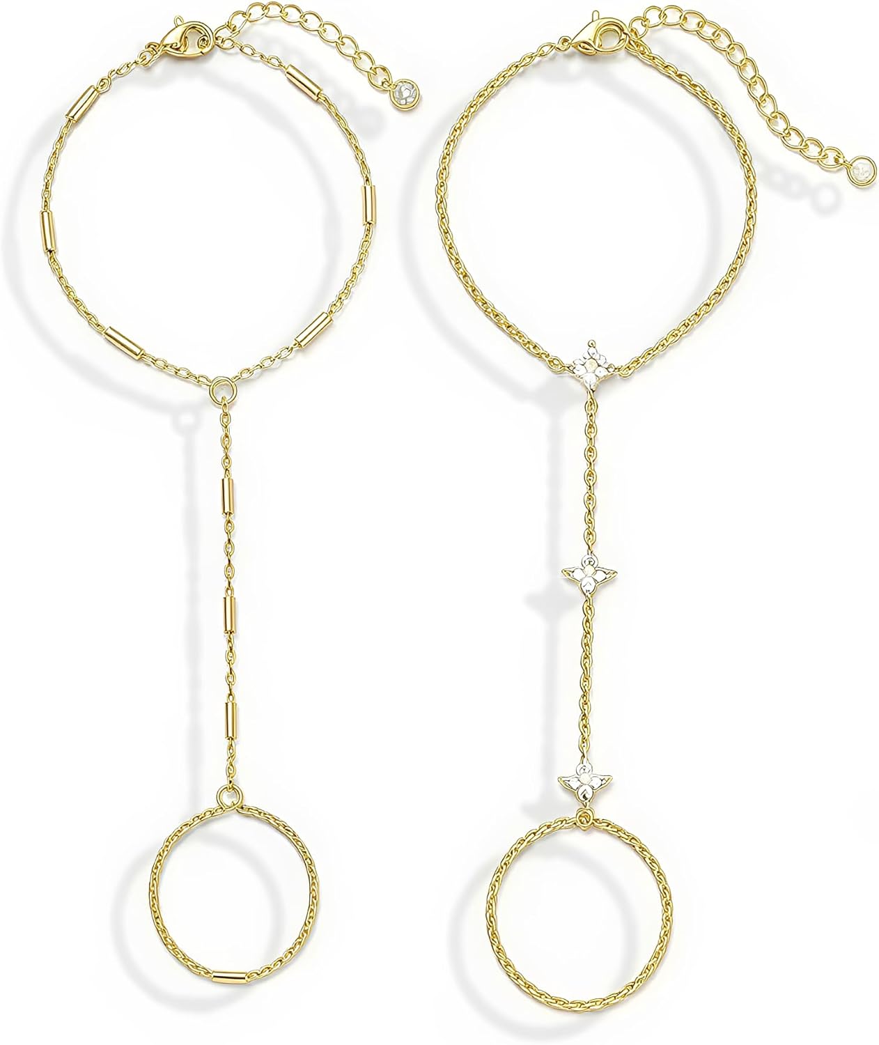 YEEZII Gold Hand Chain Bracelets for Women, 2 Pcs 14k Gold Plated Cubic Zirconia Link Chain Bracelet Set, Trendy ring bracelet hand chain Jewelry for Her