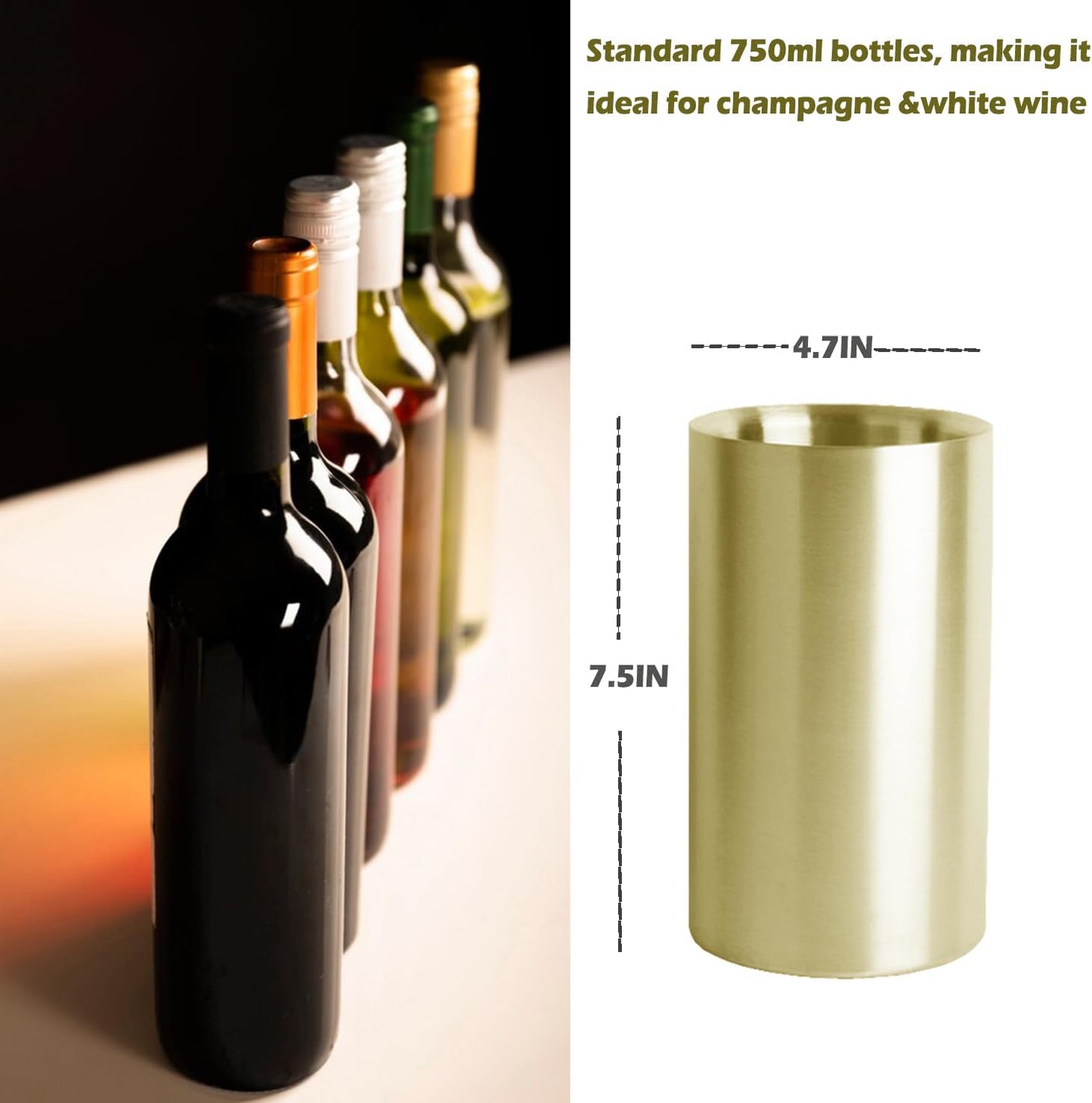 Gold Wine Chiller Bucket for Bottle 750ml Wine Chiller Champagne Cooler Insulated for Parties Keep Wine & Beverage Cold Bar Cart Accessories