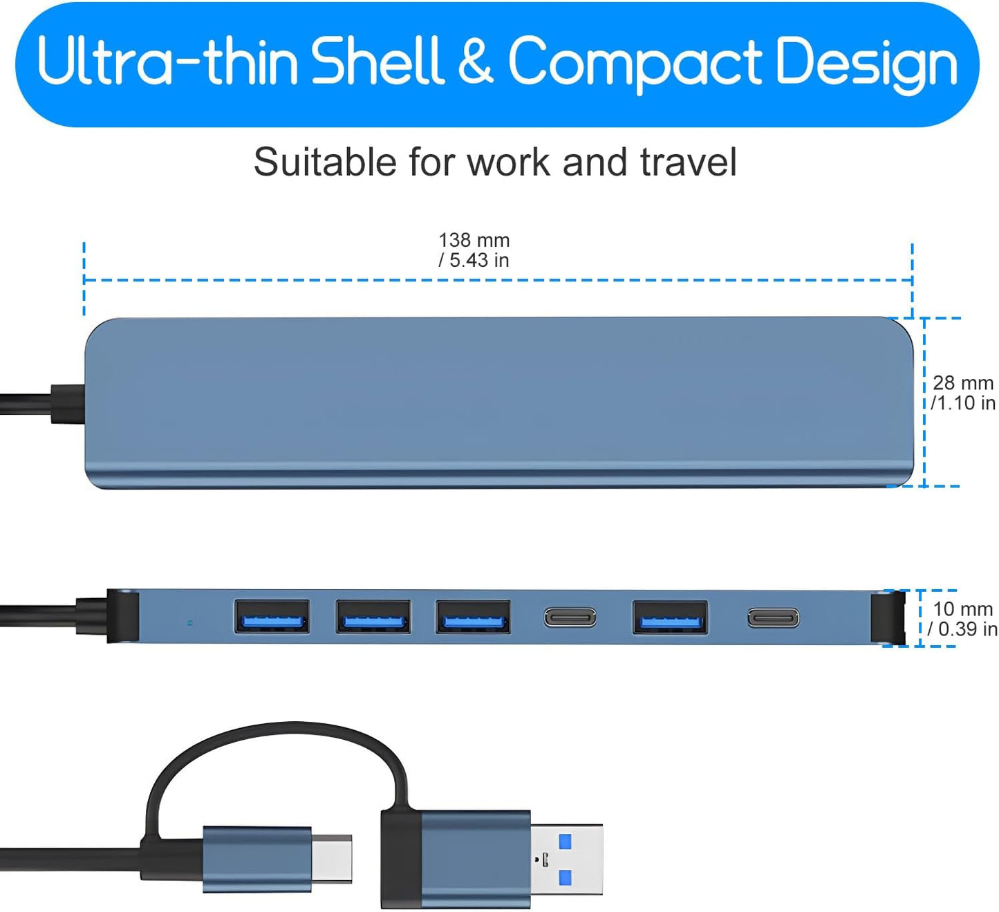USB Hub 3.0,USB c hub,USB hub with Multiport Adapter, USB Splitter with 1xUSB 3.0,4xUSB2.0,2 x USB C,Hub for MacBook Pro/PC/Laptop/Tablet Devices (Grey 7in1)