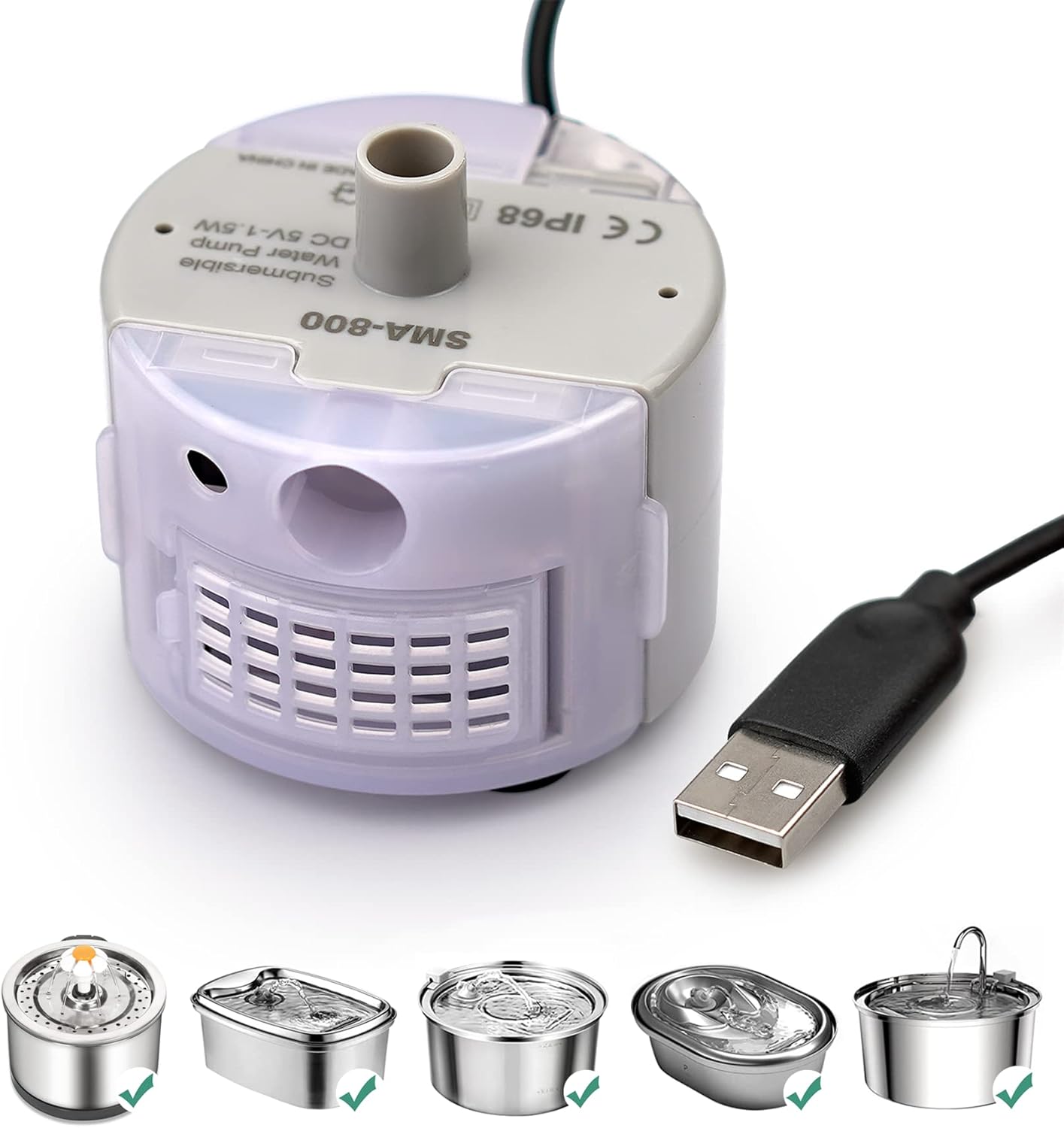 Cat Water Fountain Pump, SMA-800 Submersible Cat Fountain Pump Motor for Stainless Steel Pet Cat Water Dispenser, USB Cable+LED Light