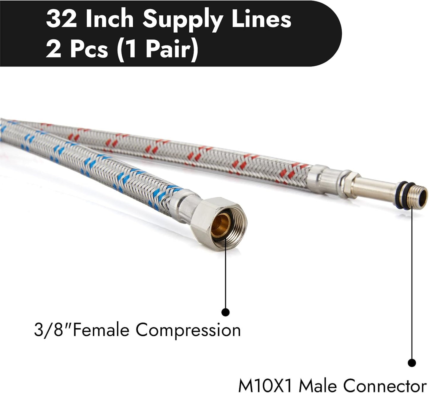 Midanya 32-Inch Long Faucet Water Supply Lines, Braided Stainless Steel Supply Hose 3/8-Inch Female Compression Thread x M10 Male Connector, x 2 Pcs (1 Pair)