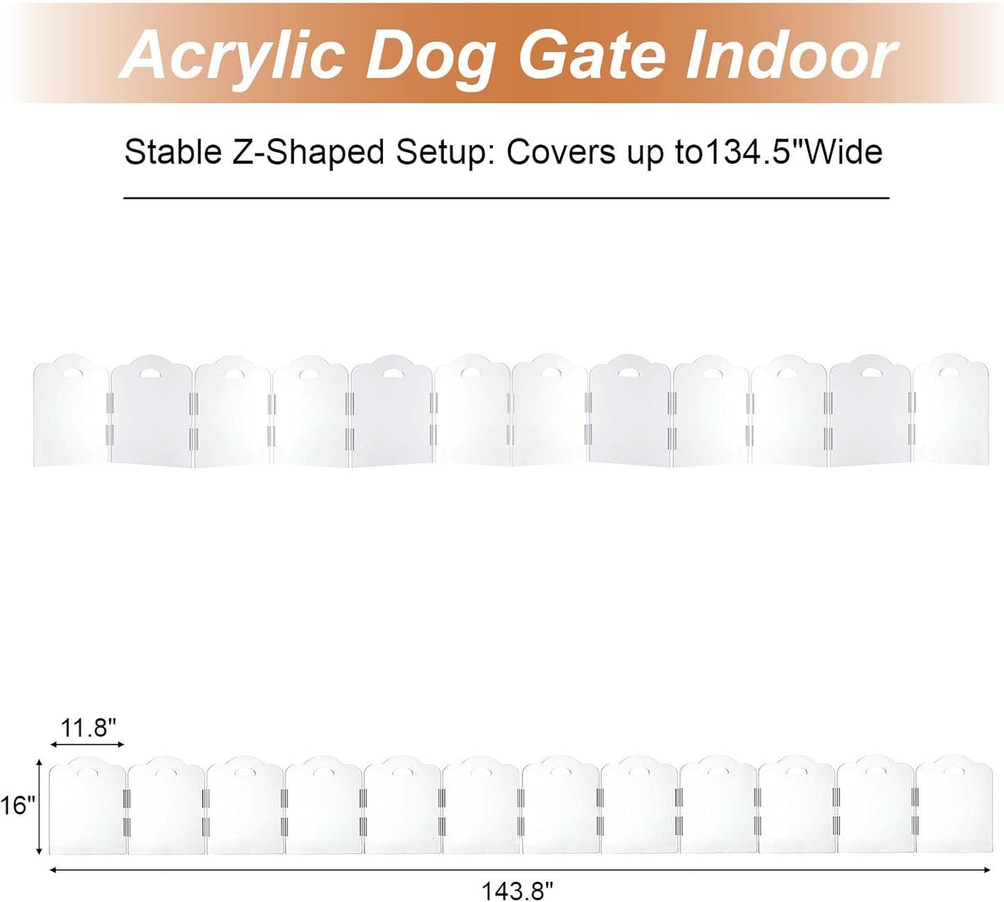 Transparent Acrylic Dog Gate Indoor, Free-Standing Pet Gate, 16" Height (Size S) Foldable 12 Modular Panels, Dog Fence for Doorways, Hallways, Stairs, No Drilling, Perfect for Puppies and Small Pets
