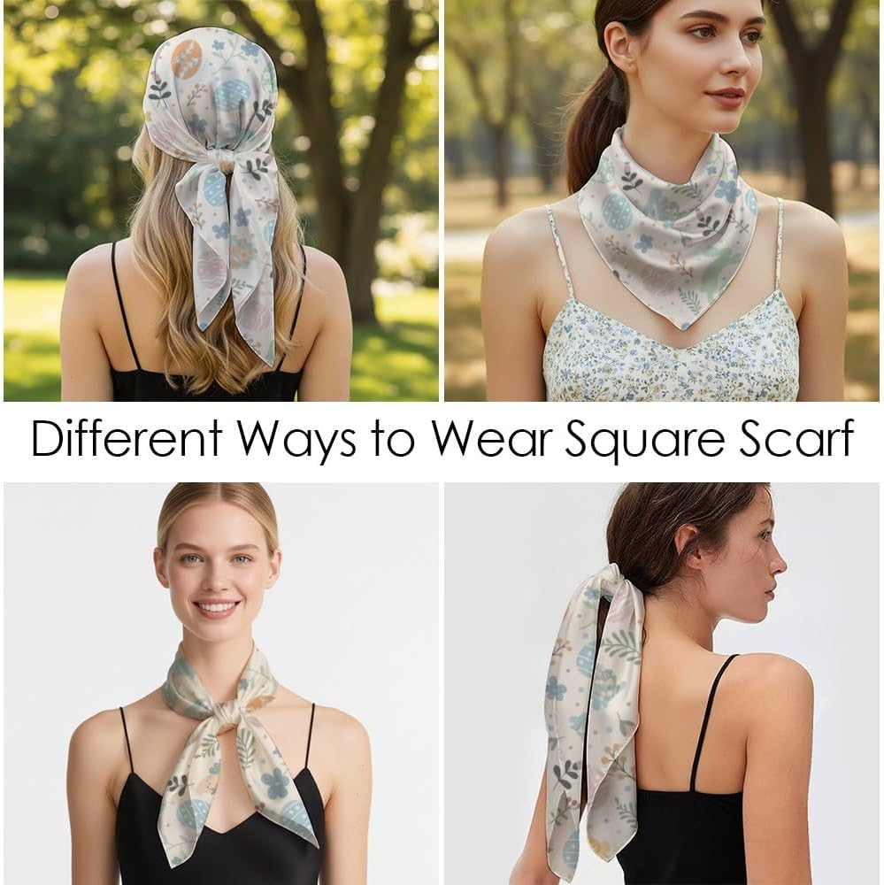 Silk Like Stain Hair Scarf for Women Easter Eggs Bunny Western Square Neck Scarfs for Bag Hair Handbag Scarves 35"