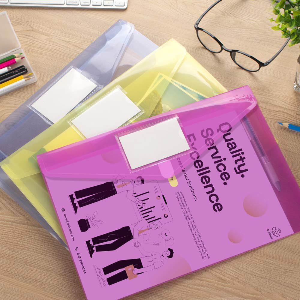 Sooez 10 Pack File Folders, Clear Poly Envelopes Plastic Folders, Folder for Documents Letter A4 Size with Label Pocket, Teacher School Office Supplies Organization Storage, Assorted Color