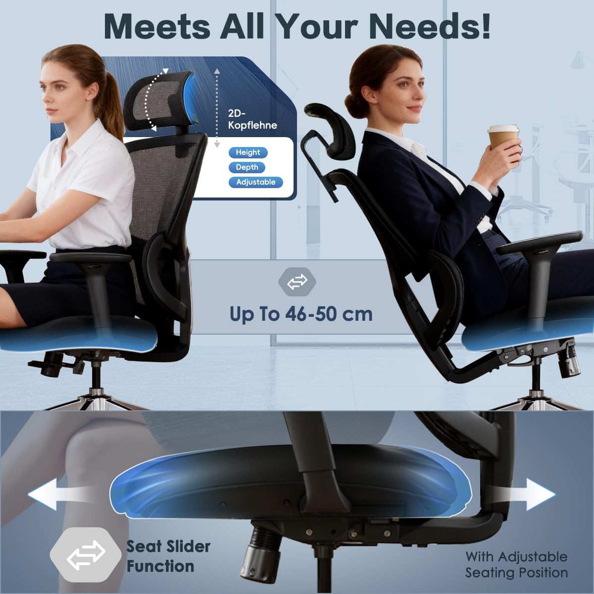 Big Ergonomic Office Chair with Sliding Seat,Dual Back Support -Adjustable 4D Armrests, 2D Headrest, Lumbar Support, 135° Reclining Mesh Back Computer Chair - Home Office/Gaming, 1600lbs Capacity