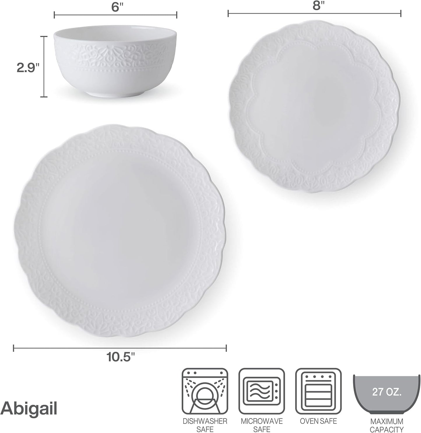 Mikasa Abigail Bone China Lightweight Chip Resistant 12 Piece Dinnerware Set, Service for 4, White