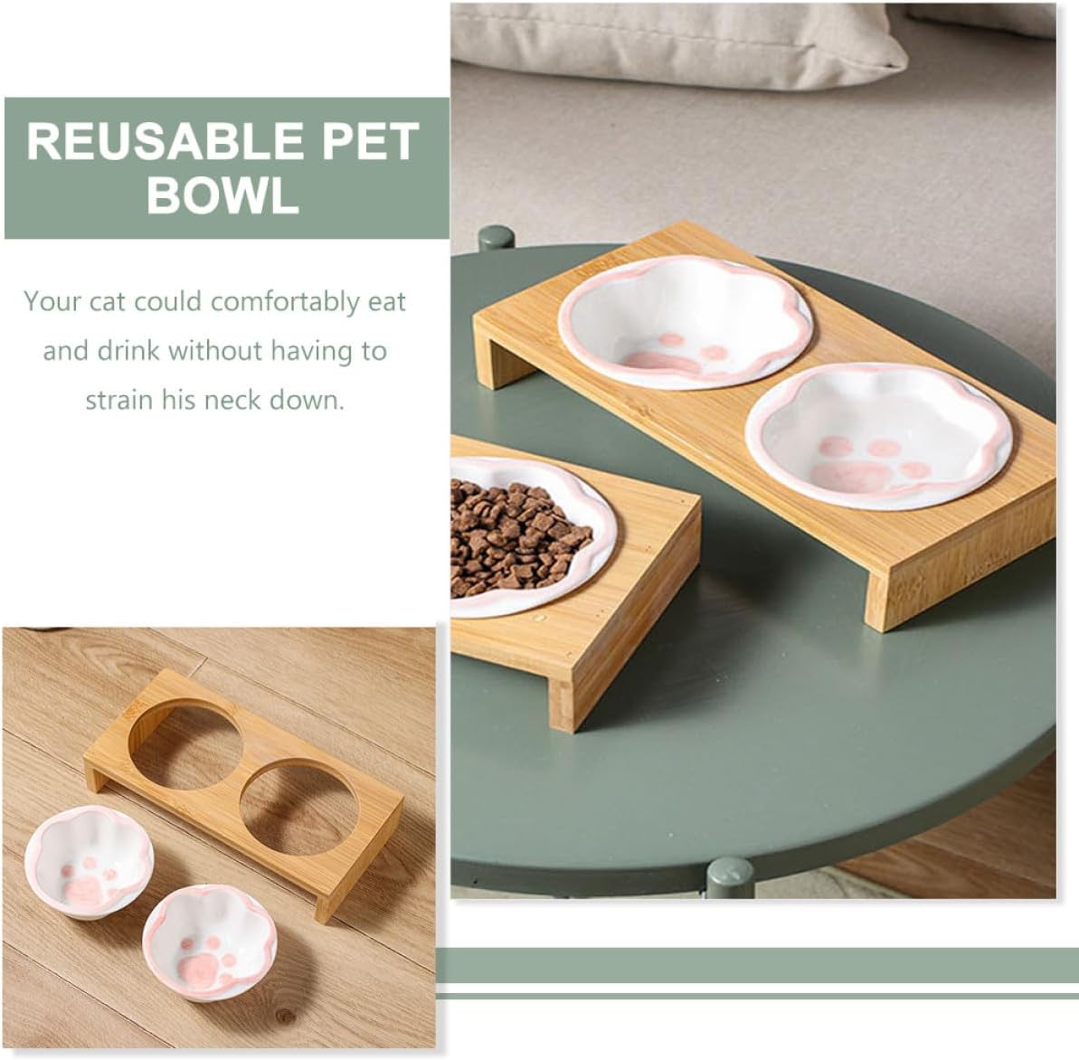 Milisten Elevated Cat Bowl with Stand and Ceramic Bowls, Whisker-Friendly Raised Feeding Station for Indoor Cats and Kittens