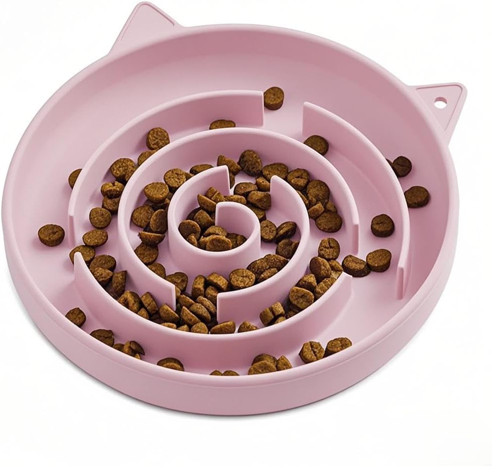 Slow Feeder Cat Bowl, Durable Anti-Gulping Cat Food Bowl for Healthy Digestion, Maze Design Easy to Clean for Wet/Dry Food (Pink)