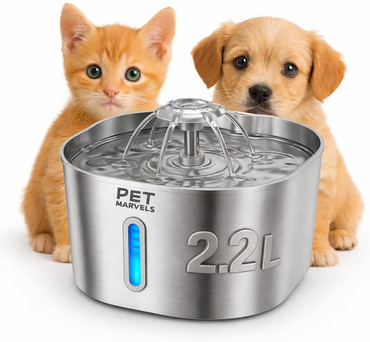 Stainless Steel Cat Water Fountain – 2.2L/74oz Ultra-Quiet Pump, Visible Water Level, Dual Flow Modes – Automatic Pet Water Dispenser for Cats & Small Dogs