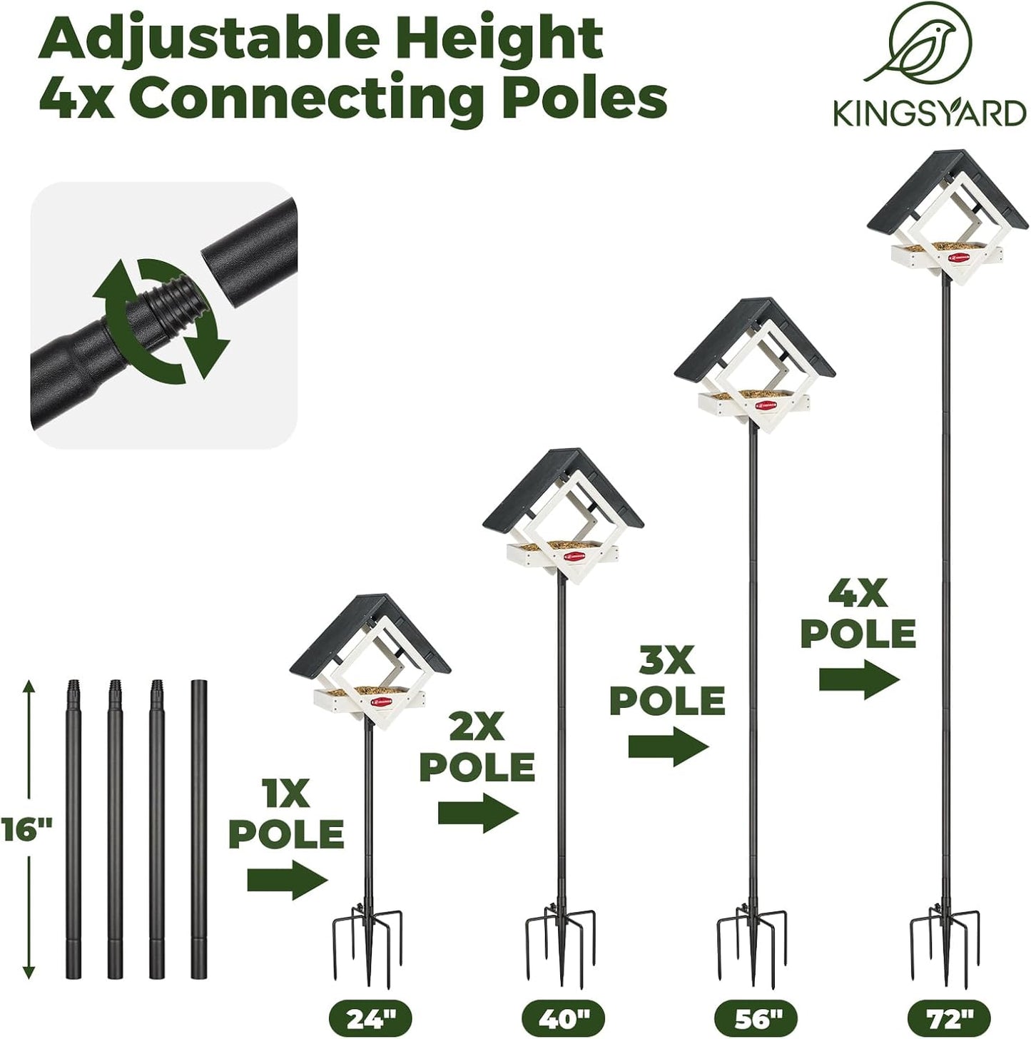 Kingsyard Large Platform Bird Feeder with Metal Mesh Tray, Pole Mount Adjustable Bird Feeders with Weather Protective Top, 4 lbs Seed Capacity, White