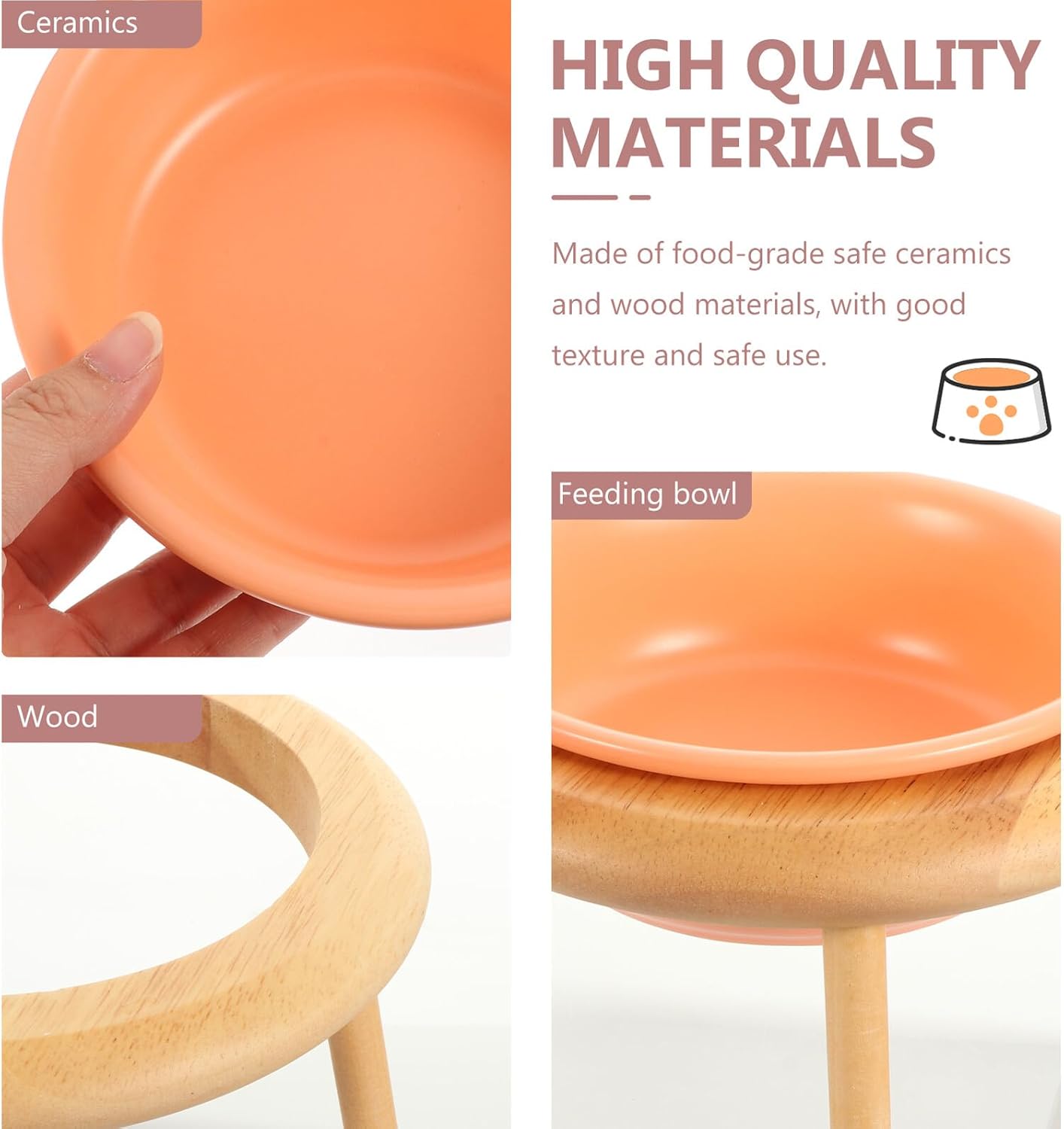 Milisten Ceramic Cat Food Bowl with Oak Stand 600ml Raised Pet Feeding Bowl Neck Protection Elevated Cat and Dog Feeder for Home Use