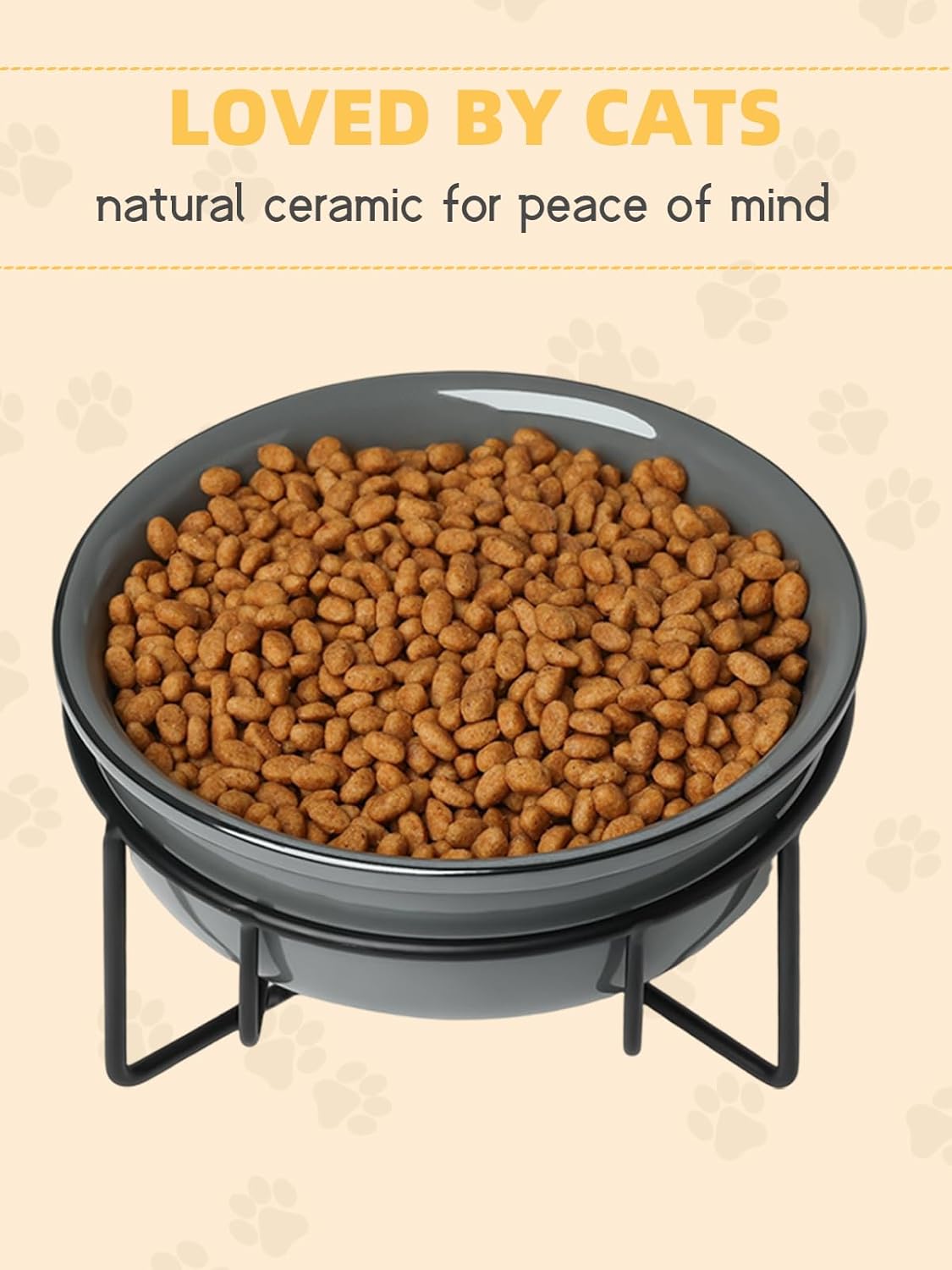 GDCZ Ceramics Raised Cat Bowl with Heighten Metal Stand for Pet Food, 15 Ounces (Grey)