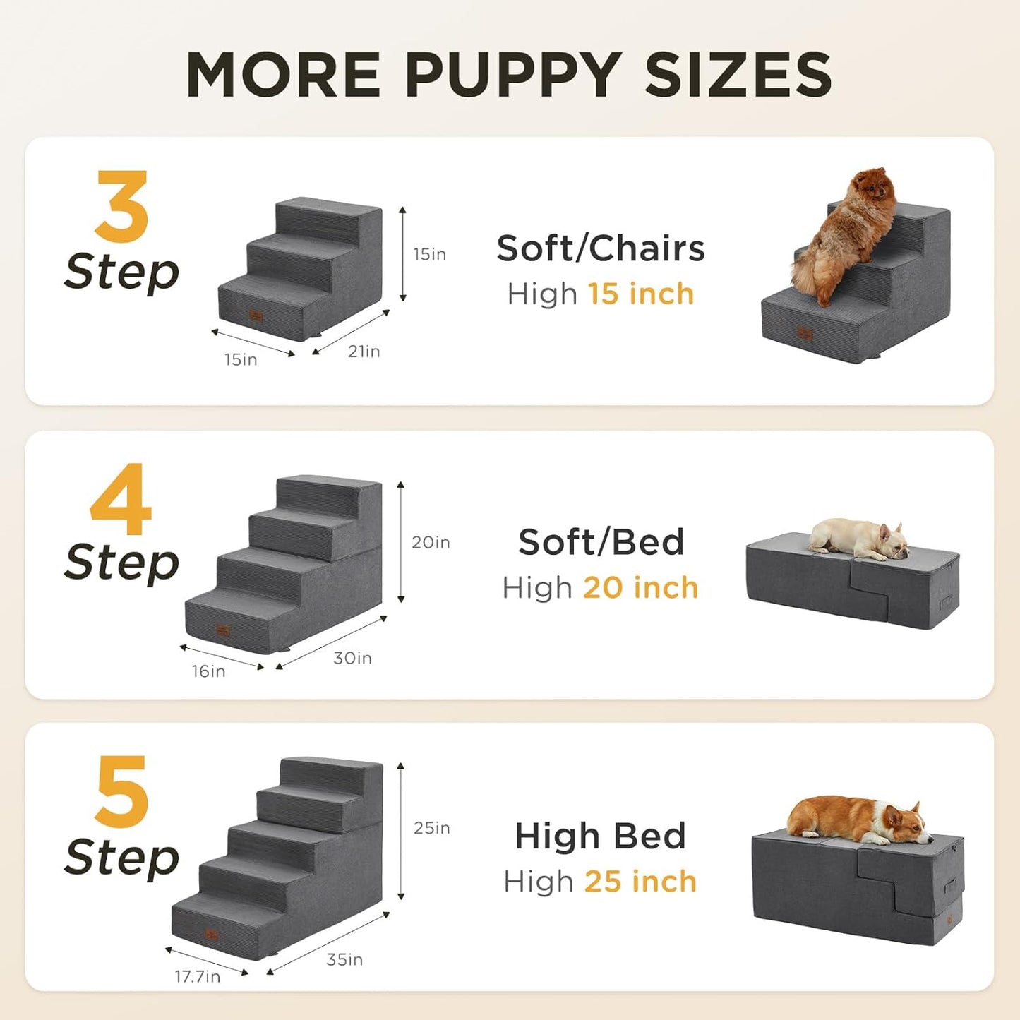 Joydeco Dog Stairs for Bed 15" H, 3-Step Pet Steps for Small Dogs and Cats, Dog Steps for High Bed, Non-Slip Balanced Ramp Indoor Pet Stairs, Gray