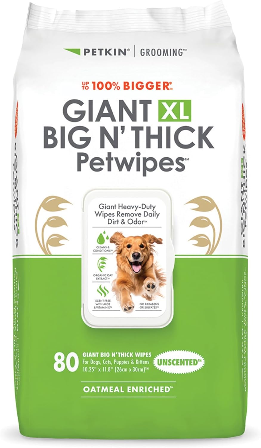 Petkin Giant XL Big N’ Thick PetWipes - 80 Wipes - Unscented - Pet Wipes for Dogs and Cats - for Face, Paws, Ears, Body & Eye Area - Super Convenient Dog Cleaning Wipes
