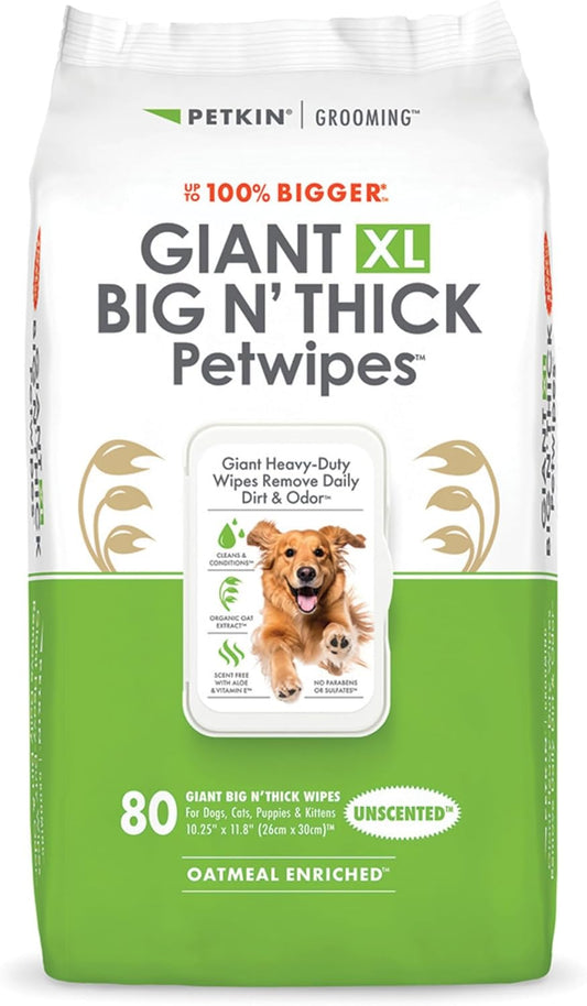Petkin Giant XL Big N’ Thick PetWipes - 80 Wipes - Unscented - Pet Wipes for Dogs and Cats - for Face, Paws, Ears, Body & Eye Area - Super Convenient Dog Cleaning Wipes