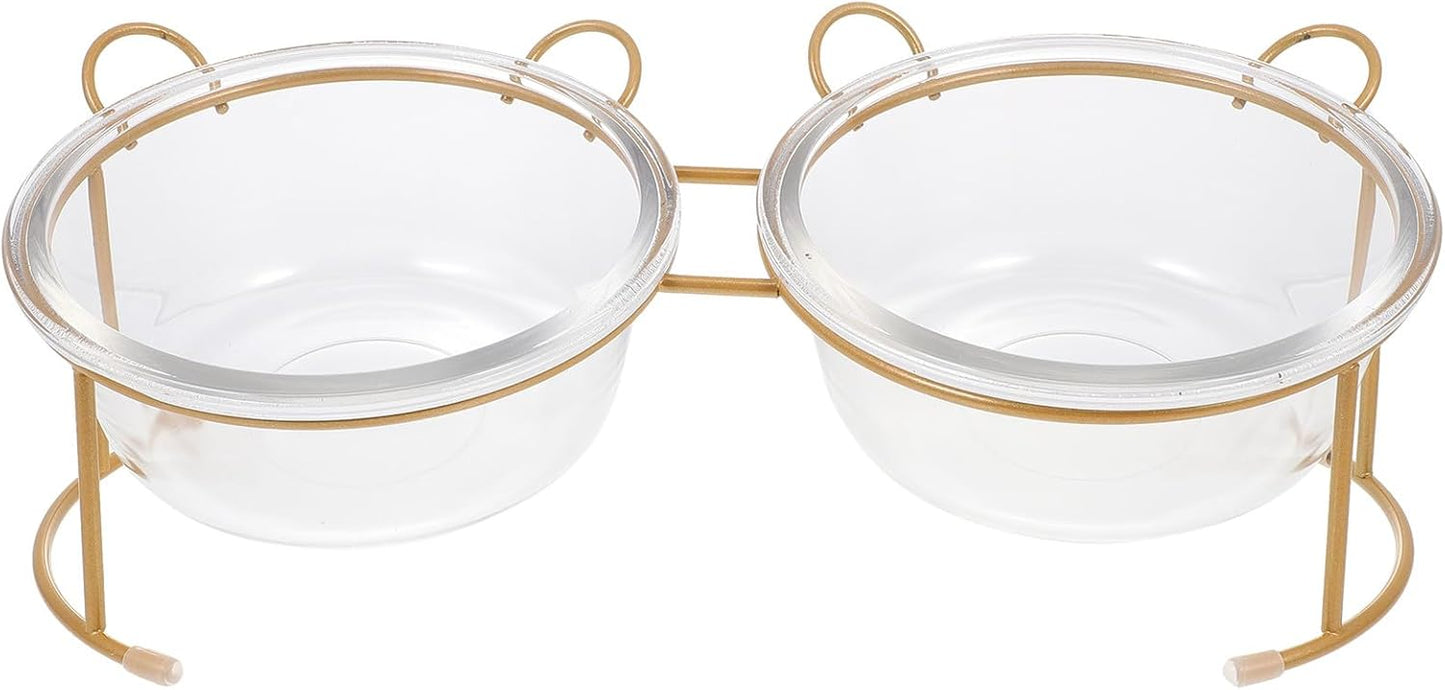 PRETYZOOM Glass Double Raised Cat Food Bowl with Bright Gold Stand, Household Glass Dog Bowl for Pets, Elevated Pet Feeding Station for Cats and Dogs