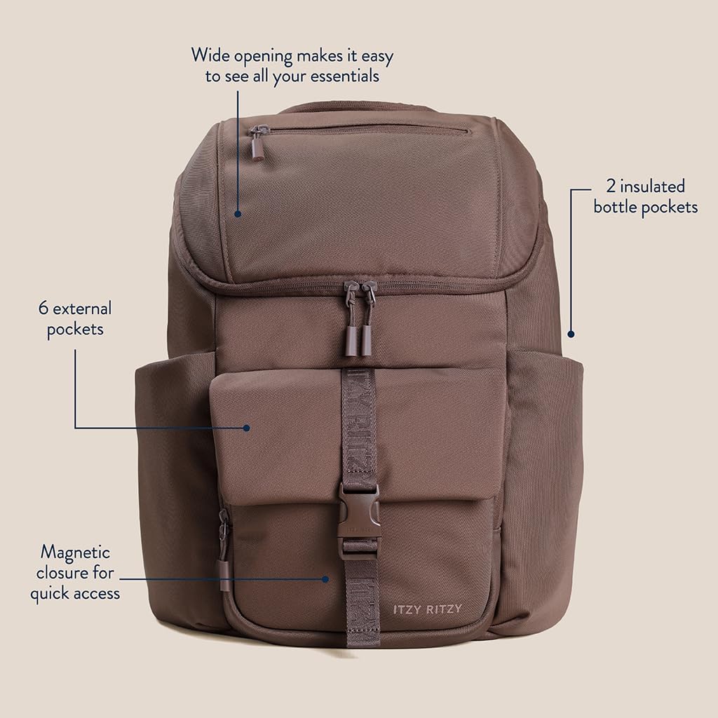 Itzy Ritzy Belong Bucket Backpack – Lightweight Diaper Bag Backpack Featuring 16 Pockets, Bucket Top Opening, Stroller Straps & Changing Pad – Organized and Stylish Everyday Family Backpack (Mocha)
