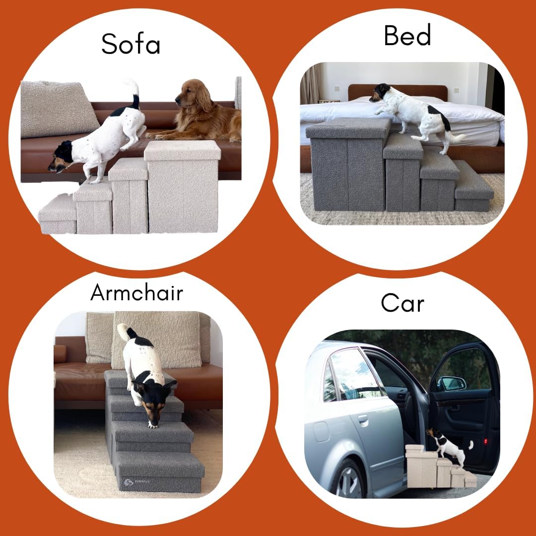 5-Step Dog Stairs for Small, Medium Dogs with Storage Box - Durable Folding Pet Steps, Padded Lid and Container; Dog Steps for Bed and Couch + Hair Brush Gift (Light Grey, Large, 5.0.)
