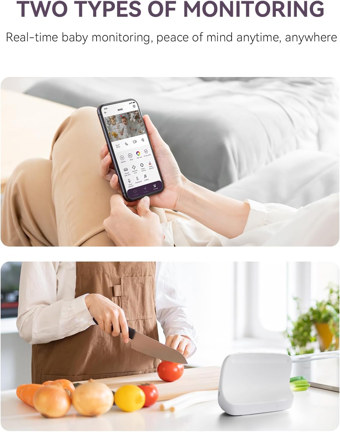 Hybrid Video No WiFi & Smart WiFi Baby Monitor - 5" 1080P Split Screen & 2K Camera App Control, Motion Alerts, Sound Detection, HD Night Vision, 5050mAh Battery,Triple Security, 1600ft Range