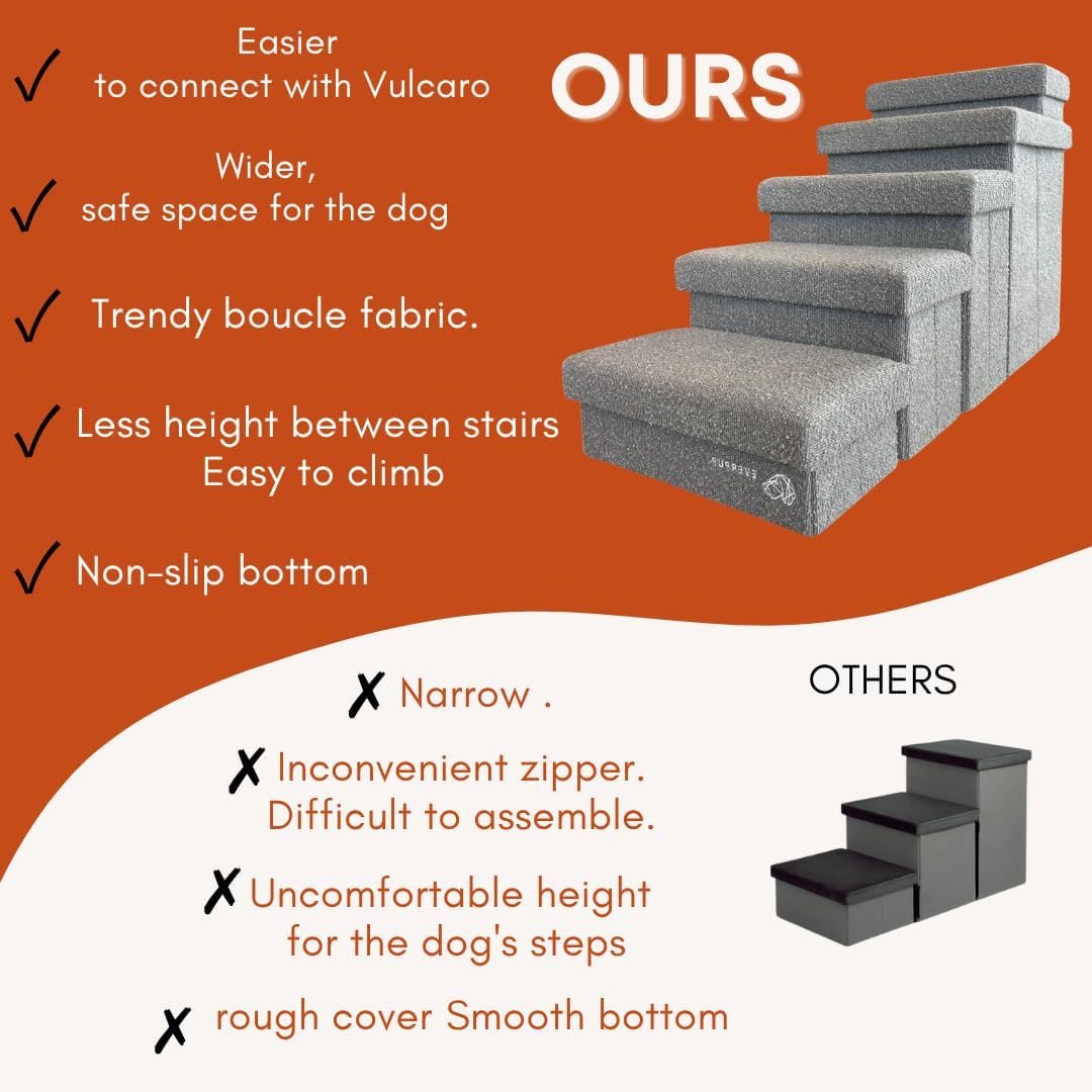 5-Step Dog Stairs for Small, Medium Dogs with Storage Box - Durable Folding Pet Steps, Padded Lid and Container; Dog Steps for Bed and Couch + Hair Brush Gift (Light Grey, Large, 5.0.)