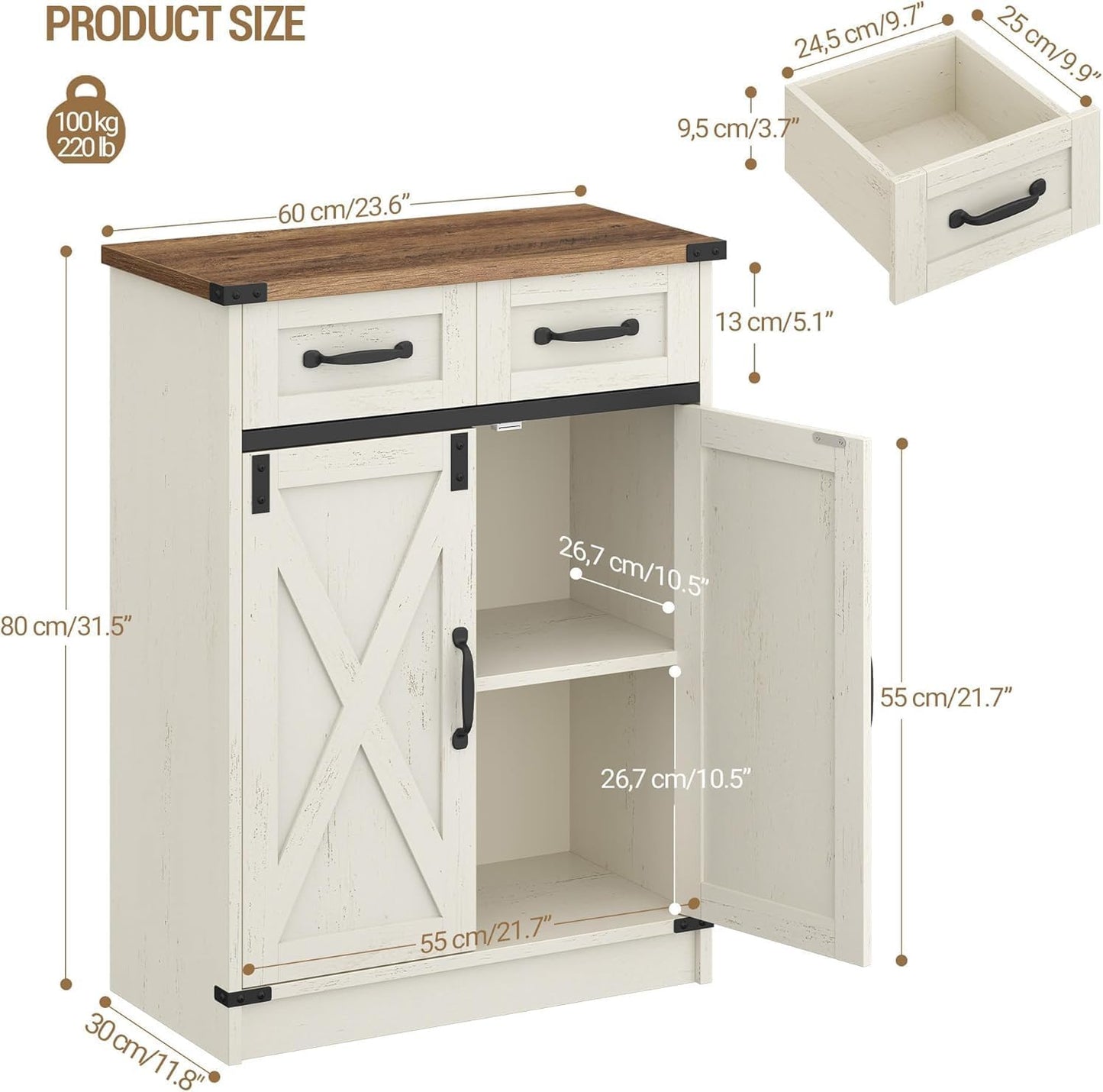 Bathroom Storage Cabinet, Freestanding Bathroom Floor Cabinet with Drawers & Doors, Farmhouse Buffet Cabinets with Adjustable Shelf, for Kitchen, Living Room, Entryway, White Brown SC62414X