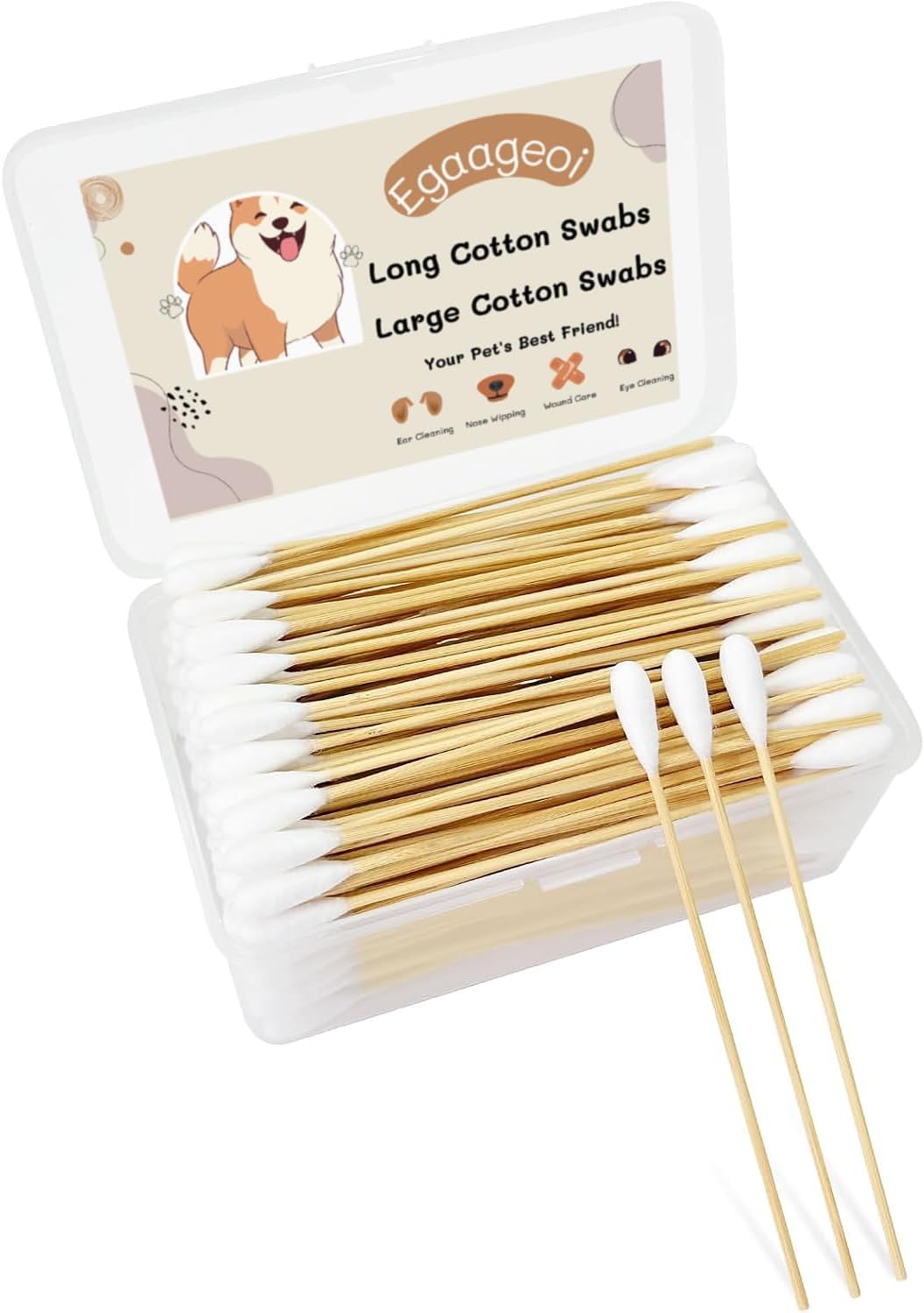 Egaageoi 200 Count Large Cotton Swabs for Dogs & Cats (6 Inch) | Biodegradable Bamboo Handle Tips for Pet Ear Cleaning | Soft Fragrance-Free Applicators for Ointments & Medication