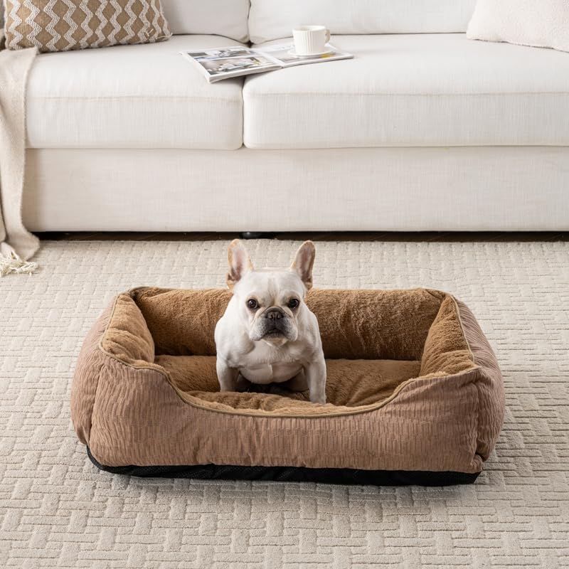 Happy Pets Luxury Orthopedic Pet Bed, F-Corduroy Foam, Brown or Light Gray Square Nest Bolster Design, Machine Washable Cover, for All Breeds (30" x 24" x 9", Brown Corduroy Square Nest)