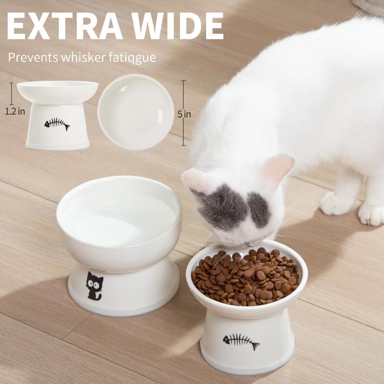 FOREYY Raised Cat Food and Water Bowl Set, Whisker Friendly Elevated Ceramic Cats Feeder Bowls with Anti Slip Ring, Anti-Vomiting Shallow High Porcelain Pet Kitten Dish, Dishwasher Safe(White)