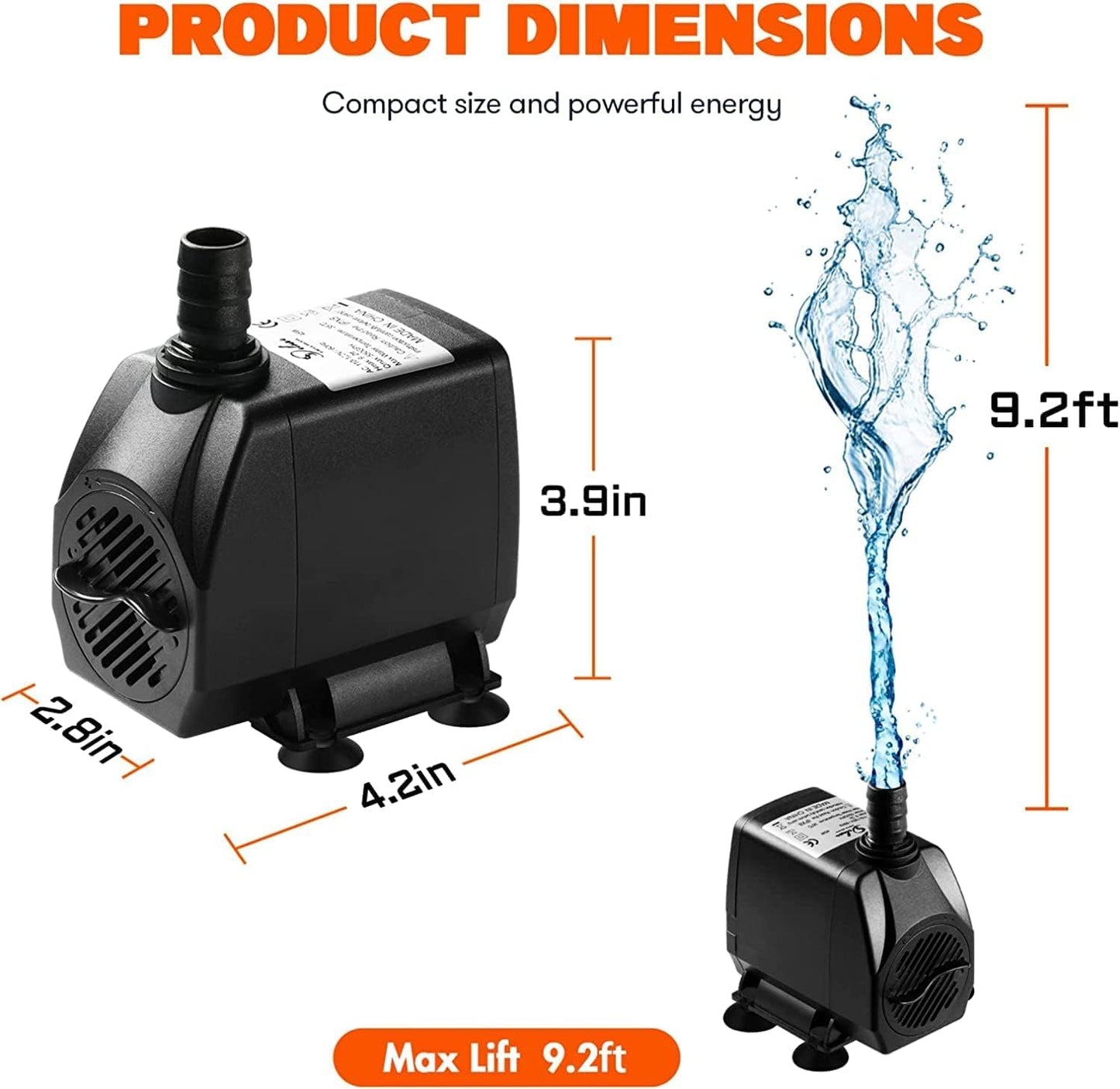 Simple Deluxe 9.2ft High Lift 550GPH 45W Water Table Pump (2082L/H) with 3 Nozzles, Perfect for Fish Tank, Hydroponics, Pond, Aquarium, Black