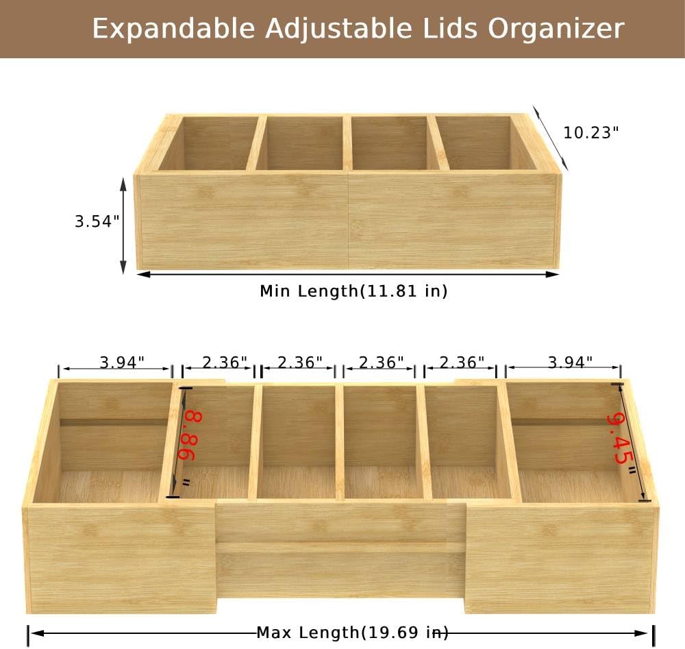 Retro Shaw Large Expandable Kitchen Lids Organizer for Cabinet, Covers, Pantry, Drawer & Countertop Storage, with 3 Adjustable Dividers, Hand-made Bamboo Food Container