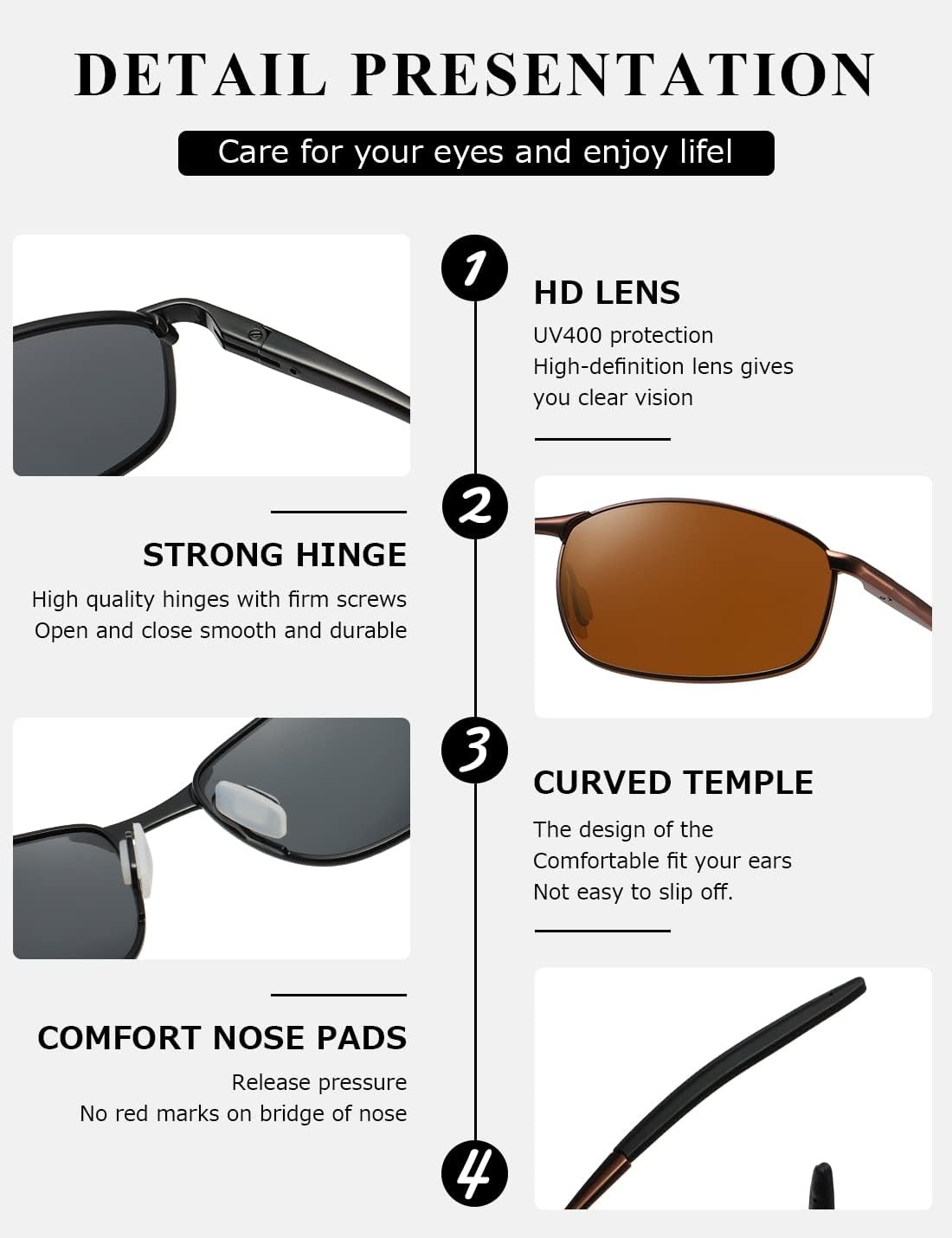 AEVOGUE Polarized Sunglasses For Men Rectangle Metal Frame Retro Sun Glasses AE0395