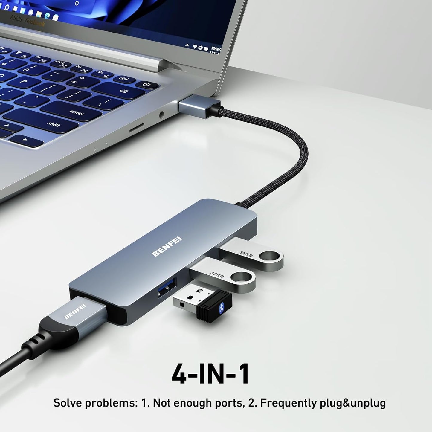 BENFEI USB 3.0 Hub, 4 Ports USB A Splitter Ultra-Slim Expander for Mouse, Keyboard, Flash Drive, U Disk, Printer Compatible with Laptop, Desktop PC, Xbox, PS5, and More