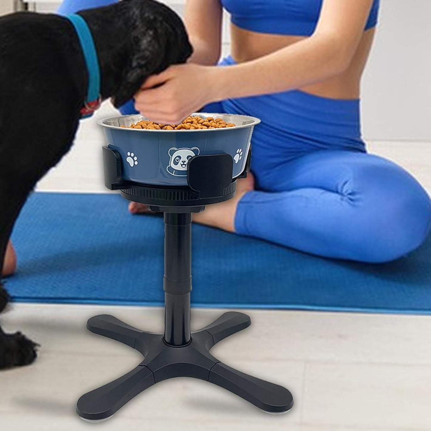 Dog Bowl Stand - Adjustable Single Feeding Raised, Prevent Tipping Large Medium Dogs, Backyard Living Room, Stainless Steel Height Extendable, Anti-Slip Stable Base, Modern Black Design Pet