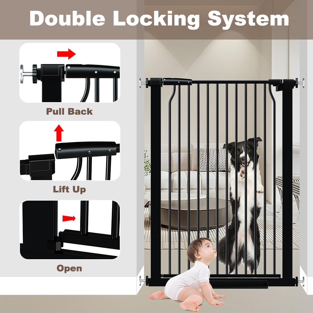 41" Extra Tall Baby Gate With Door, 40.6-54.7 In Wide Dog Gates for Doorways Stairs, Walk Through Large Pet Gate Indoor, Pressure Mounted Child Safety Gates for Kids Puppy Doggie Metal Black