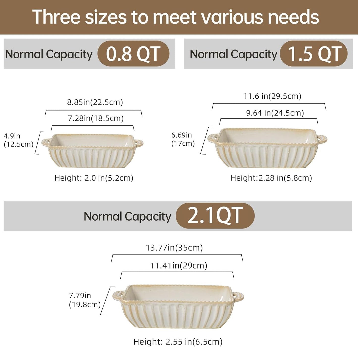 Casserole Dish for Oven, Ceramic Baking Dishes Set, Vintage Hobnail Bakeware Sets of 3, Rectangular Baking Pan, Deep Lasagna Pan with Handle for Cake, Wedding Kitchen Gift, 13.77“/11.6"/8.85"