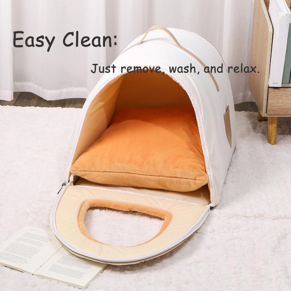 Pet Bed with Removable Cover Dog House Square Design Suitable for Dogs up to 16 lbs and Cats up to 22 lbs (Khaki, Medium)