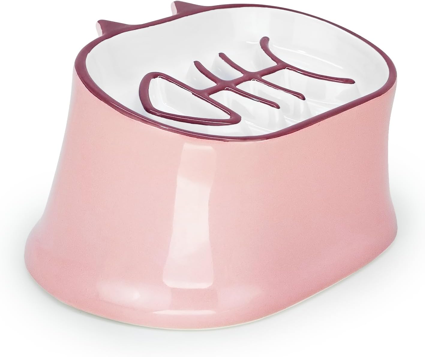 Y YHY Elevated Cat Food Bowl - Slow Feeder With Tilted Design, Ceramic Dog Bowl, Fish Bone Anti-Vomiting for Dry and Wet Food, Pink