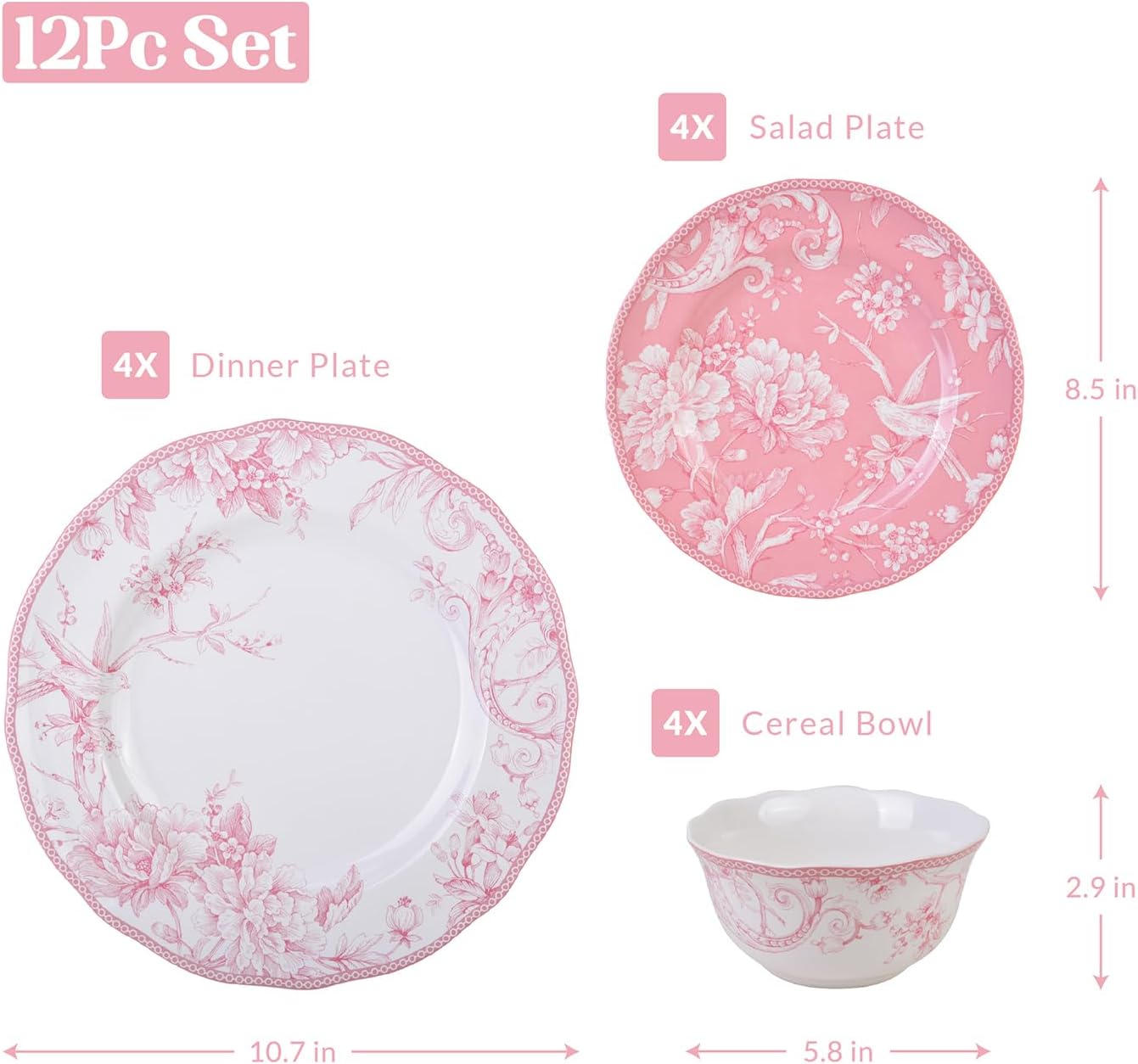222 Fifth Adelaide Blush 12-Piece Pink Porcelain Dinnerware Set – Service for 4, Big Dinner Plates and Bowls Sets, White with Pink Floral Pattern, for Daily Entertainment, Microwave & Dishwasher Safe