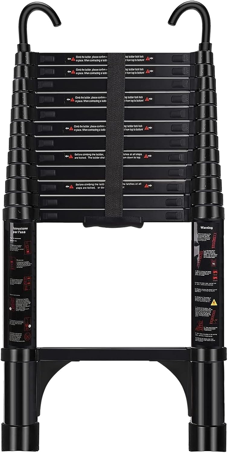 Telescoping Ladder 12.5 FT - Aluminum Telescopic Ladder with Hooks - Folding Extension Ladders for Home Work Loft Roof Attic RV Ladder with EN131 Certification - 330lbs Max Capacity (Black)