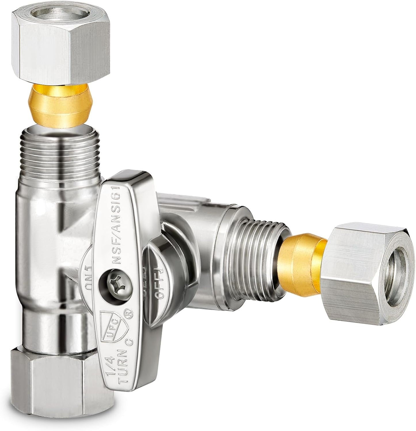 3/8" Brass Compression Angle Stop Valve, Water Line Splitter Connector Tee for Dishwasher, Commercial Sink Faucet, and Water Supply Line (Pack of 1)