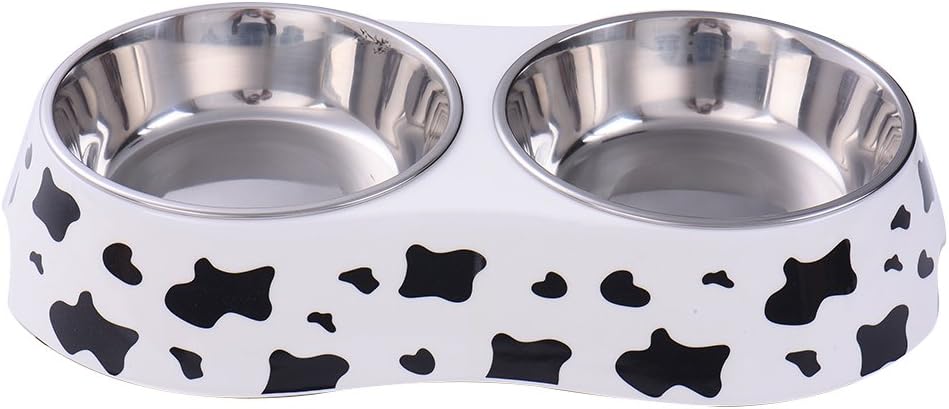 Pet Double Bowl Stainless Steel-Cow Type Pet Elevated Feeder Bowl for Dogs Cats (M (10 * 4.8 * 1.6 in))