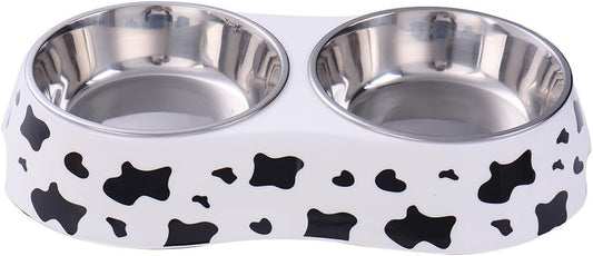 Pet Double Bowl Stainless Steel-Cow Type Pet Elevated Feeder Bowl for Dogs Cats (M (10 * 4.8 * 1.6 in))