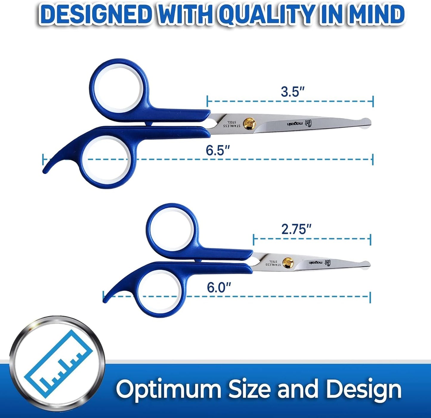 Pet Magasin Japanese Stainless Steel Grooming Scissors (2) for Facial Hair and Larger for Body Trimming with Round Tip (Blue)