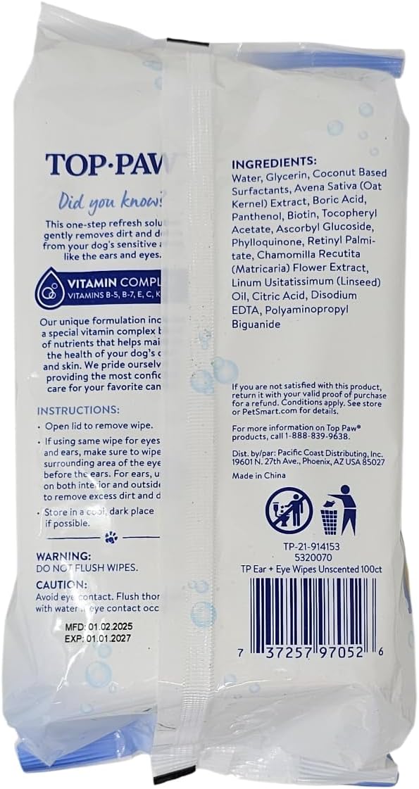 TOP PAW Ear and Eye Wipes Unscented, 100 Count, for Dogs