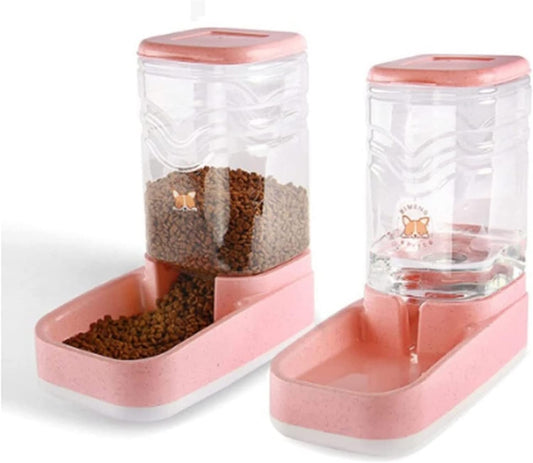 Dispenser Unplugged Pet Feeder Water Dispensers Set Automatic Gravity Feeder Cat Food,Dog Water Bowl and Automatic Pet Feeders Water Dispenser for Small Medium Large Cat Dog cat Fountain (Pink)