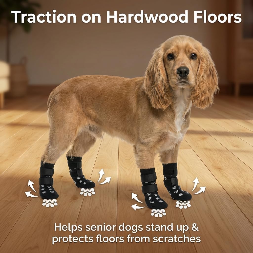Advanced Anti-Slip Dog Socks & Dog Boots, Adjustable Dog Shoes for Hardwood Floors, Soft Fabric Paw Protectors for Senior Dogs Matching Owner Socks Gift Set (Size L)