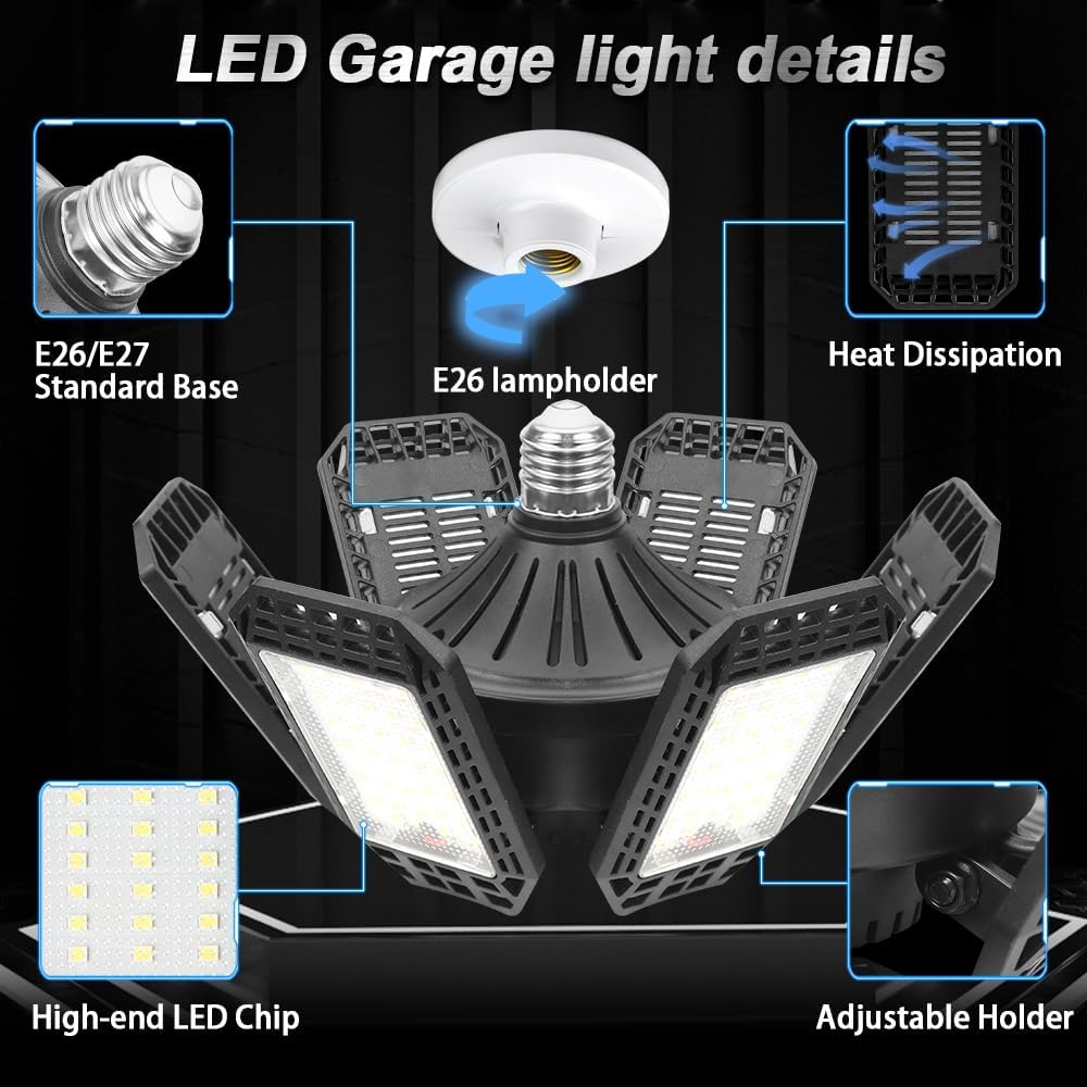 2 Pack Garage Lights, 200W 20000LM 6500K LED Shop Lights, Garage Light Ceiling Led with 6+1 Deformable Panels, Screw in E26/E27 Socket Bulb for Warehouse, Workshop, Basement, Barn Lighting