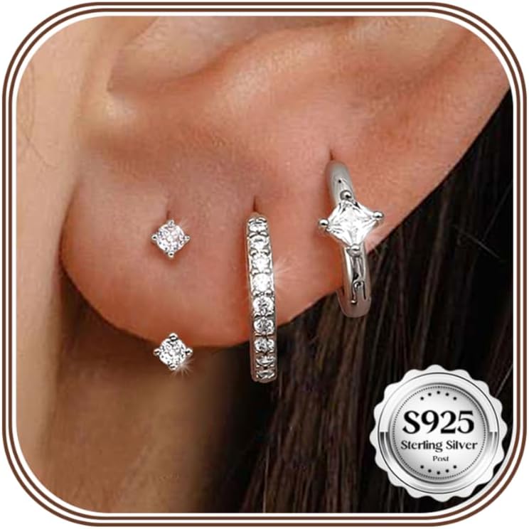 MILACOLATO 3 Pairs 925 Sterling Silver Earrings for Women, 14K Gold Plated Small Huggie Hoop Earrings Sets for Multiple Piercing, CZ Cartilage Earrings Stacks Trendy Earrings for Sensitive Ears Hypoallergenic Jewelry Gifts